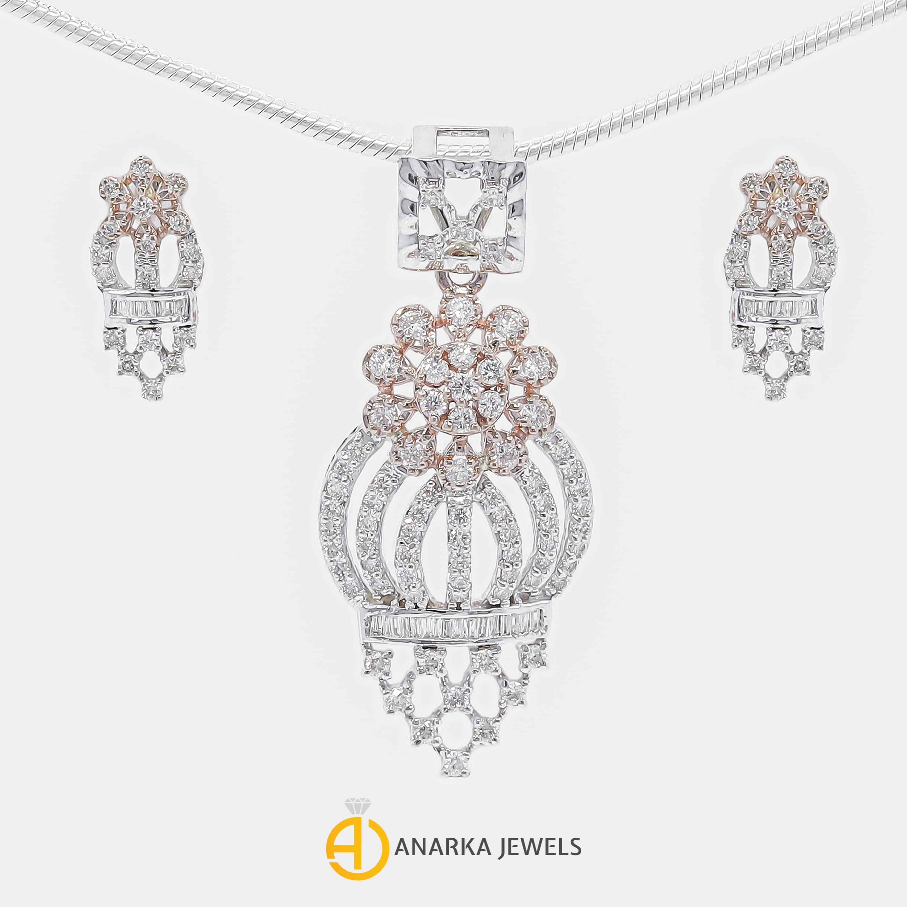 Handmade 14K Rose White Gold Pendant Earring Set Jewelry For Women PS-772