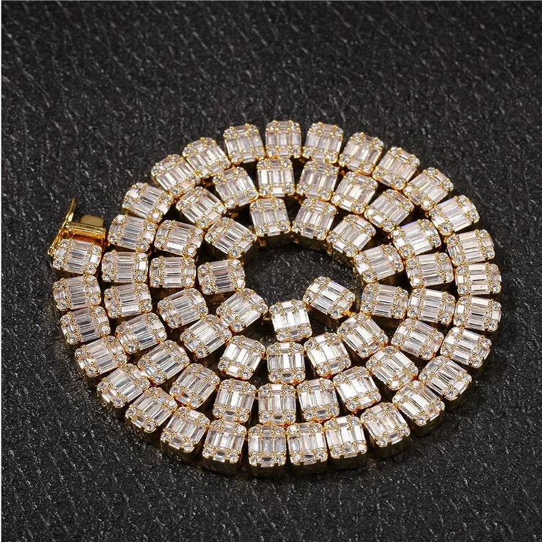 Fine jewelry trendy 10mm baguette necklace customize jewelry s925 silver moissanite  mens tennis cha