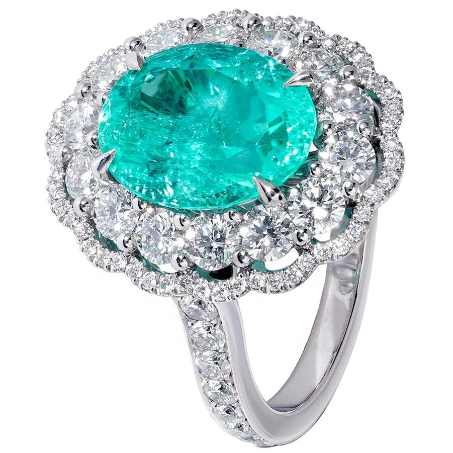 Custom Real Gold Jewelry 3.82 Carat Oval Paraiba Tourmaline And Diamond Daisy Cluster Gold Rings In 