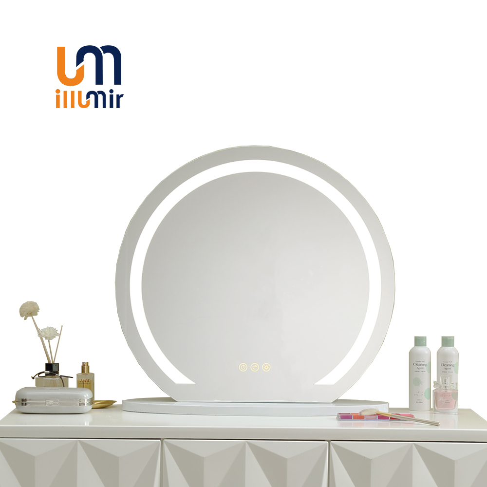 ILLUMIR Modern Smart Round Wood Illuminated Table Makeup Mirror Lighted Cosmetic Led Vanity Mirror F