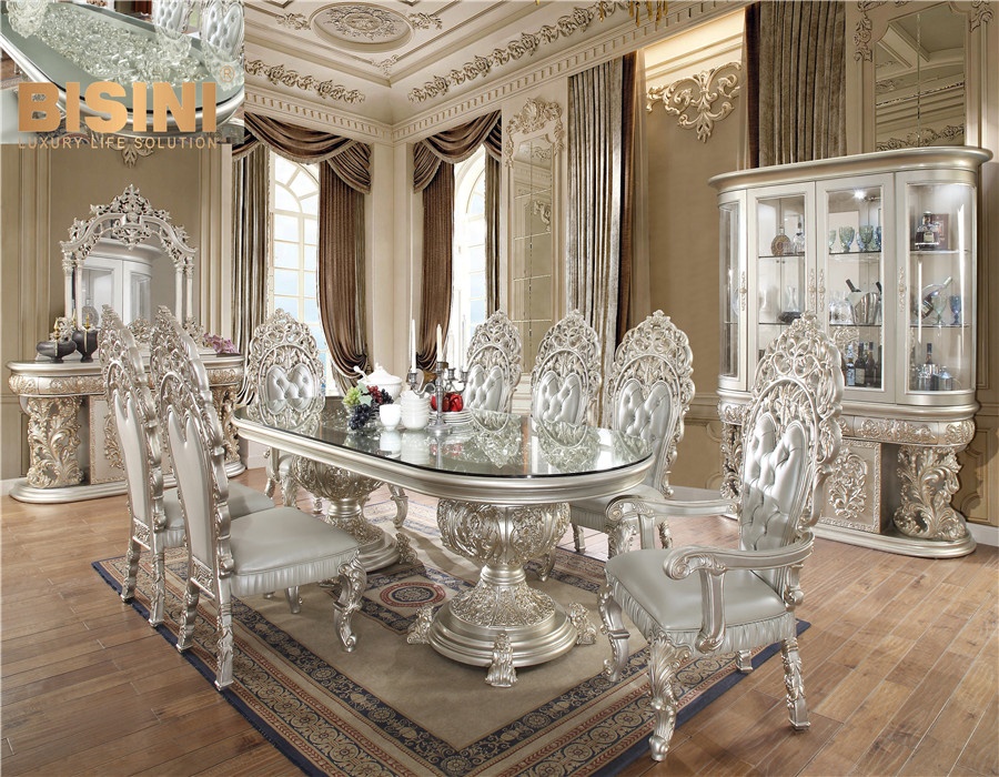 Luxurious Champagne Gold Silver Leaf Rectangle Hand Carving Dining Table Set Royal Home Furniture