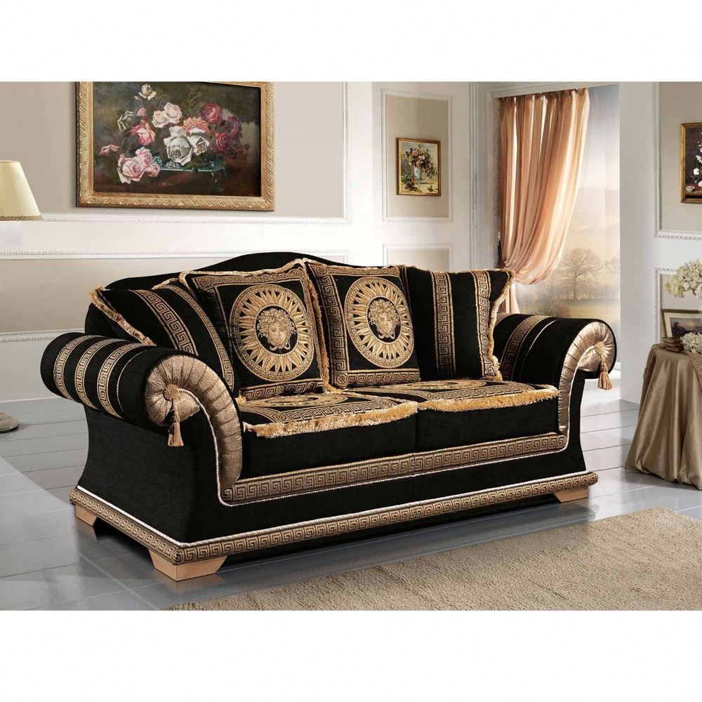 Luxury black European style fabric double sofa home living room furniture